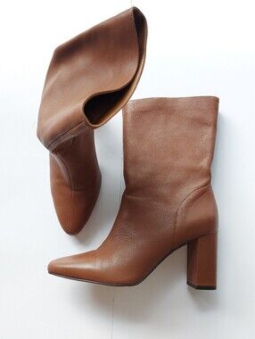 Villa Rouge Classic Mid-Calf Pointed Block Heel Boots in Tan